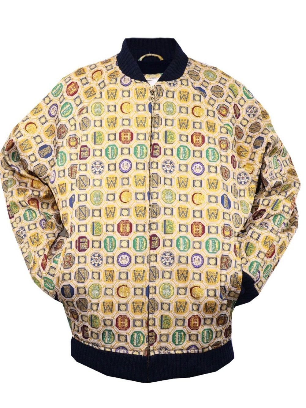 Rear Y2K Crown Holder Full-Zip Bomber Jacket Geometric Pattern Trim Size 3XL
